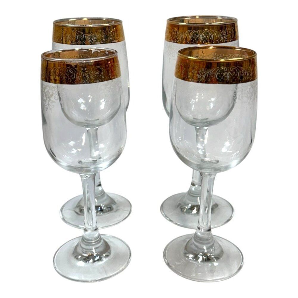 Vintage Italian Cellini Etched Crystal Wine Glasses 24K Gold Set 4 Small Large